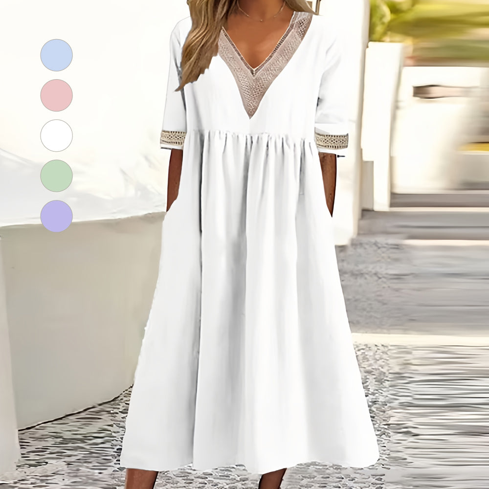 Echoarchiv | A-Linien-Midi-Sommerkleid mit V-Ausschnitt und Kurzen Ärmeln für Damen