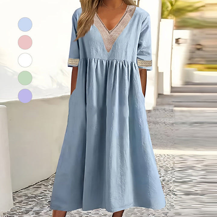 Echoarchiv | A-Linien-Midi-Sommerkleid mit V-Ausschnitt und Kurzen Ärmeln für Damen