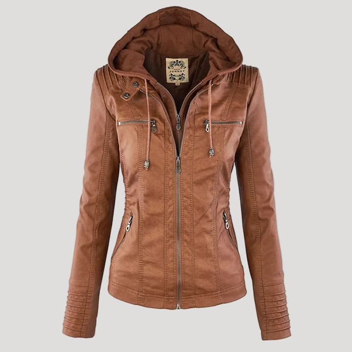 Wetterfester Damen Faux Lederjacke mit Kapuze