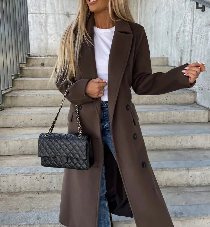 Echoarchiv | Damen Lange Woll Winterjacke mit Reverskragen und Knopfreißverschluss