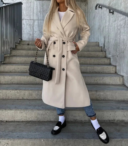 Echoarchiv | Damen Lange Woll Winterjacke mit Reverskragen und Knopfreißverschluss