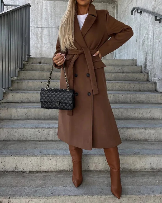 Echoarchiv | Damen Lange Woll Winterjacke mit Reverskragen und Knopfreißverschluss