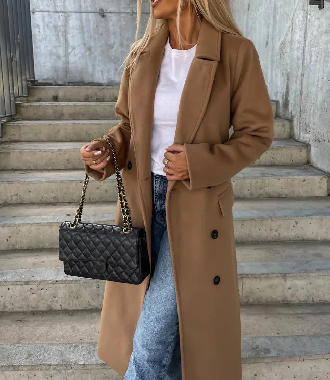 Echoarchiv | Damen Lange Woll Winterjacke mit Reverskragen und Knopfreißverschluss