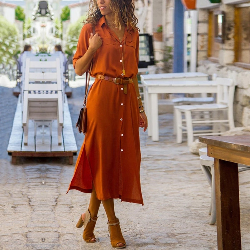 Echoarchiv | Elegantes Button-Down-Hemdkleid für Damen Langärmliges Hemdblusenkleid Im Bohemian-Stil mit Gürtel