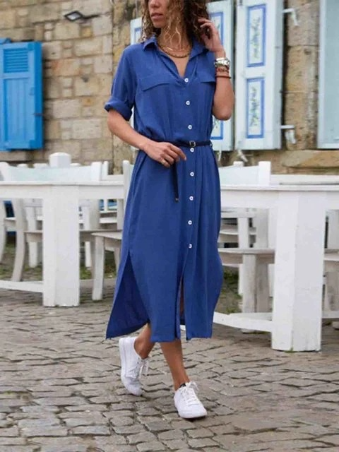 Echoarchiv | Elegantes Button-Down-Hemdkleid für Damen Langärmliges Hemdblusenkleid Im Bohemian-Stil mit Gürtel