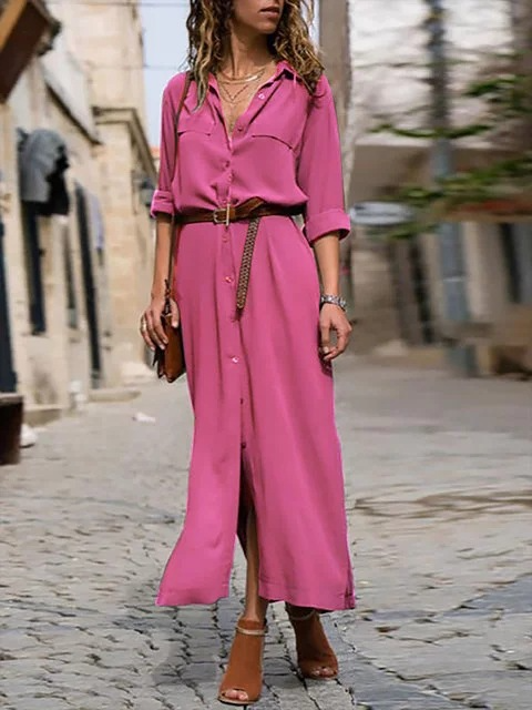 Echoarchiv | Elegantes Button-Down-Hemdkleid für Damen Langärmliges Hemdblusenkleid Im Bohemian-Stil mit Gürtel