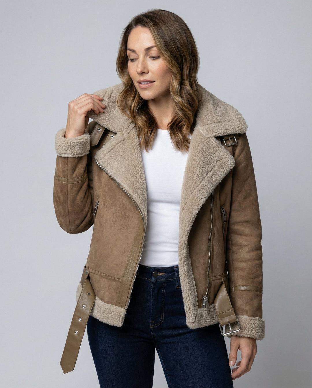 Echoarchiv | Damen Bikerjacke aus Wildleder mit warmem Fleece-Futter