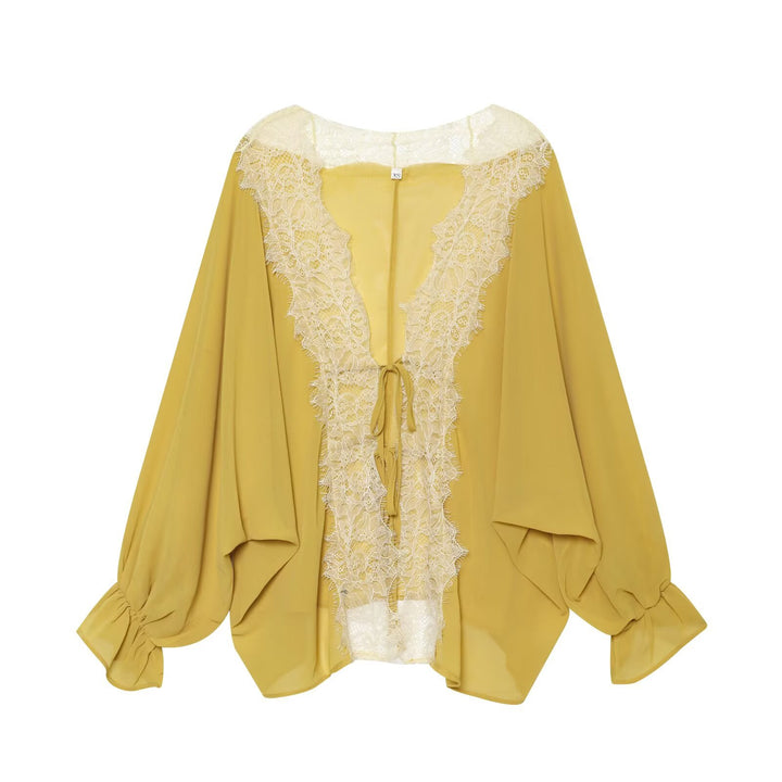 Damen Kaftan-Bluse mit Spitzenkante, Bindeband und Ballonärmeln Echo Archiv