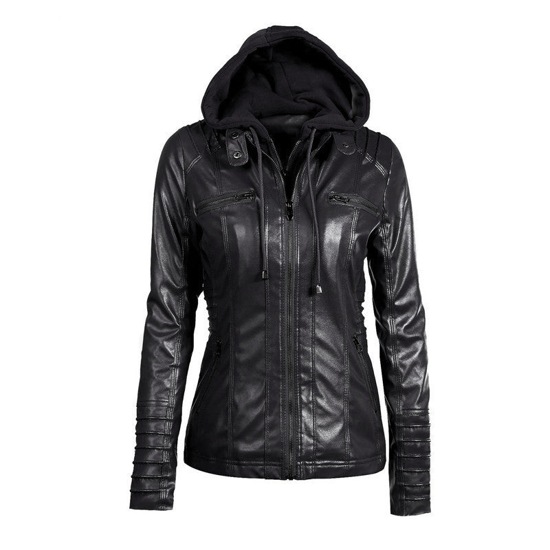 Damen Slim-Fit Kunstlederjacke mit Kapuze, Steppärmeln und Reißverschlusstaschen Echoarchiv