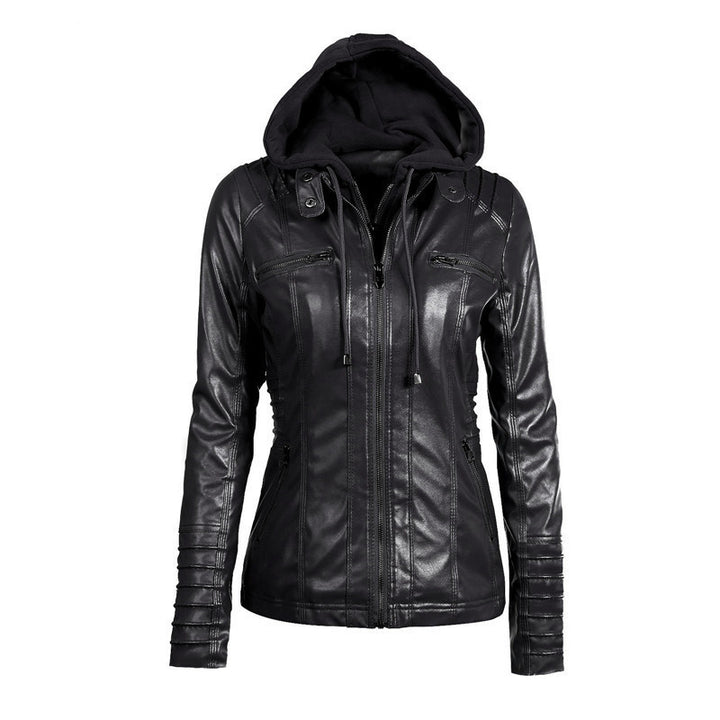 Damen Slim-Fit Kunstlederjacke mit Kapuze, Steppärmeln und Reißverschlusstaschen Echoarchiv