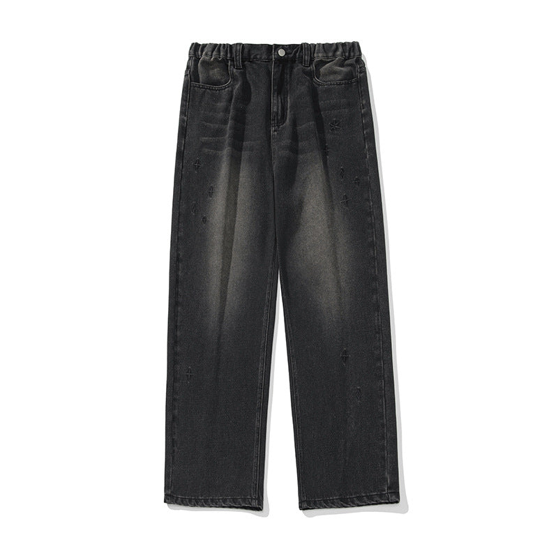 Damen Hochgeschnittene weite Denim‑Hose mit elastischem Paperbag‑Bund und Sternstickerei Echo Archiv