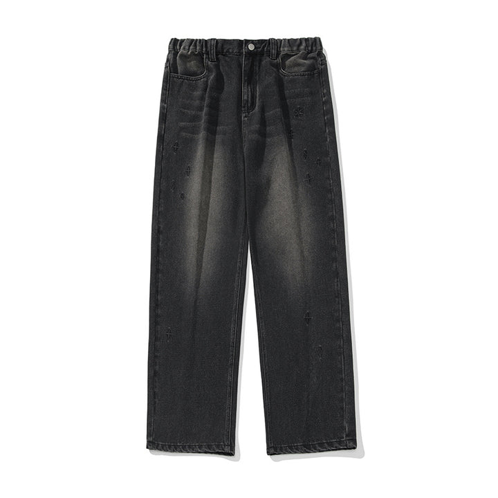 Damen Hochgeschnittene weite Denim‑Hose mit elastischem Paperbag‑Bund und Sternstickerei Echo Archiv