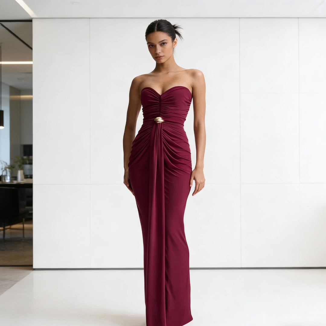 Damen Elegantes Drapeekleid mit schulterfreiem Design und kunstvollem Bund Echo Archiv
