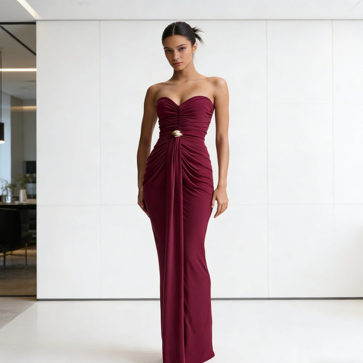 Damen Elegantes Drapeekleid mit schulterfreiem Design und kunstvollem Bund Echo Archiv