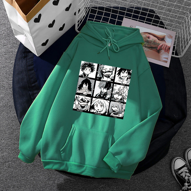 Unisex Kapuzenpullover mit quadratischer Manga-Charakter-Collage, leicht oversizeder Schnitt und Kängurutasche – Auréline