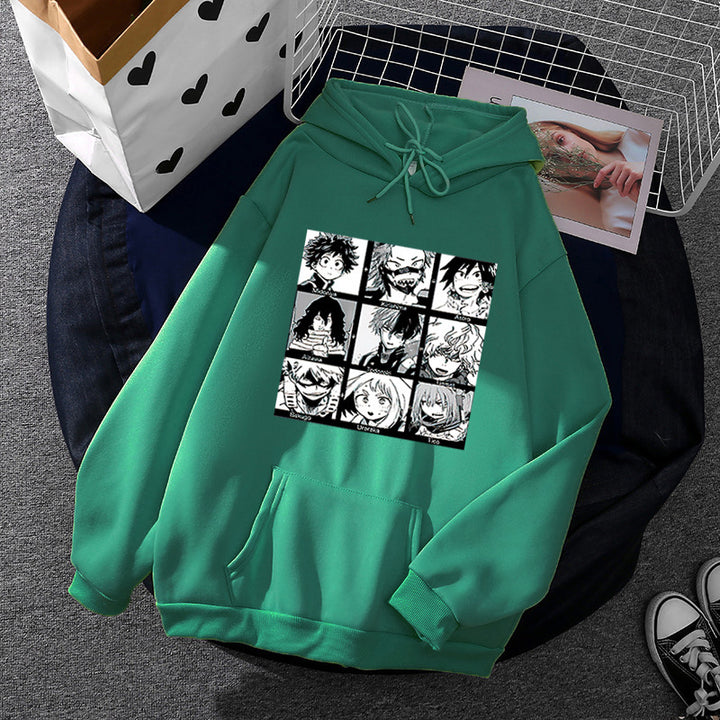 Unisex Kapuzenpullover mit quadratischer Manga-Charakter-Collage, leicht oversizeder Schnitt und Kängurutasche – Auréline
