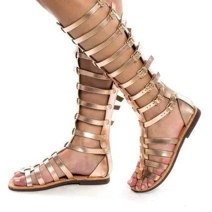 Damen Kniehohe Römersandalen mit mehreren Schnallen und flacher Komfortsohle – Sorelia