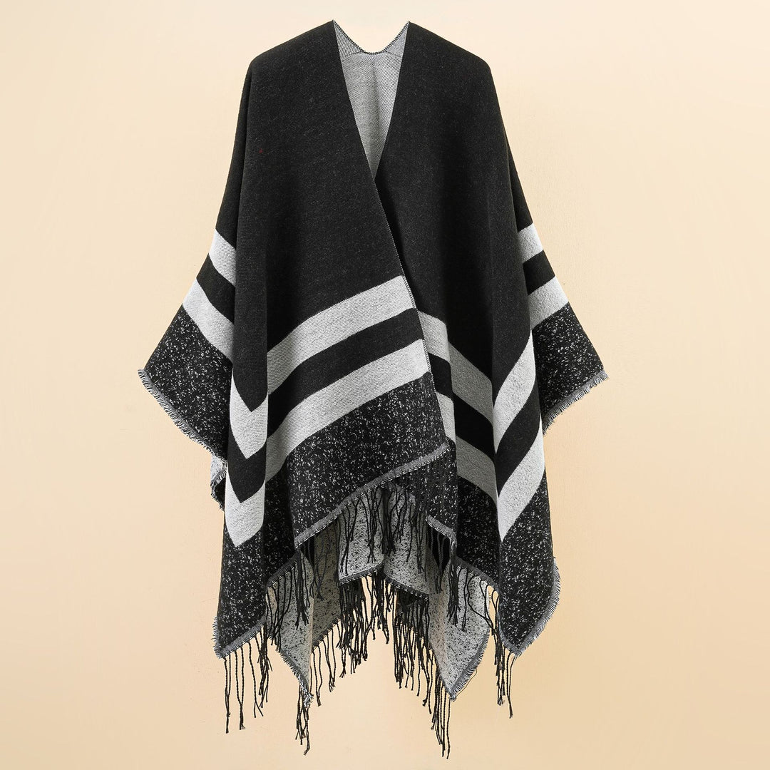 Damen Oversize-Ruana aus Wollmix mit kontrastierten Querstreifen und Fransensaum Echo Archiv