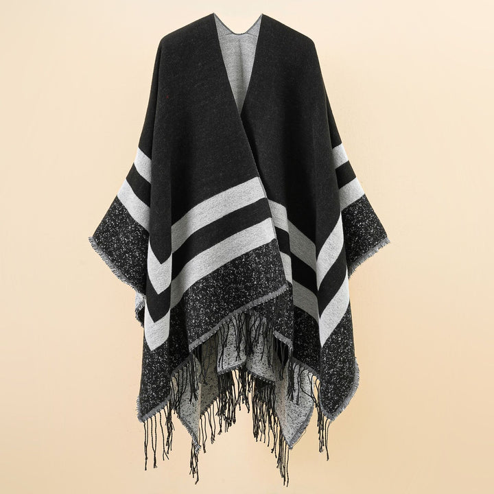 Damen Oversize-Ruana aus Wollmix mit kontrastierten Querstreifen und Fransensaum Echo Archiv