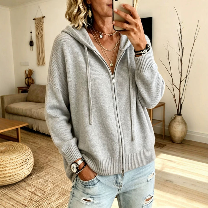 Damen Grobgestrickter Zip‑Hoodie‑Cardigan mit Oversize‑Passform und gerippten Bündchen – Auréline