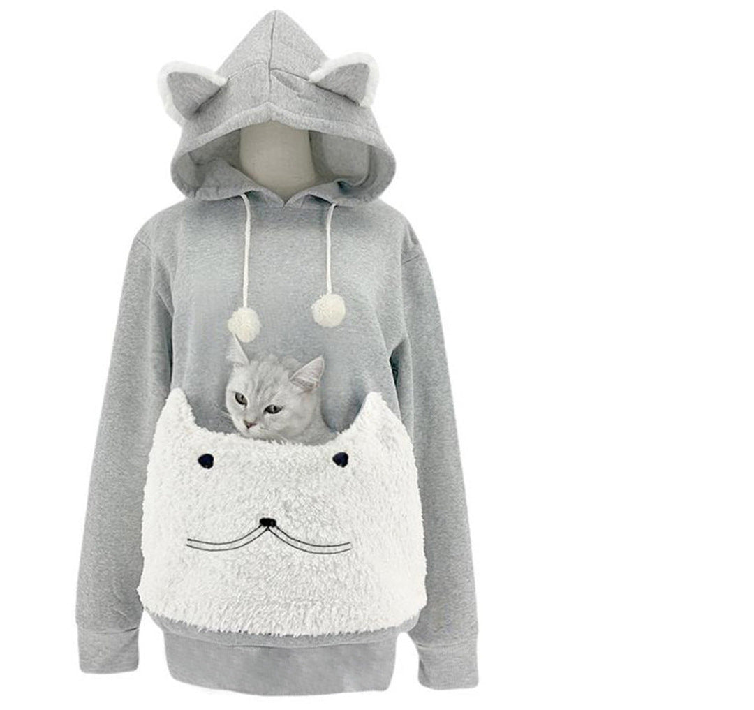 Damen Kuscheliger Kapuzenpullover mit Katzenmotiv und praktischer Känguru-Tasche Echoarchiv