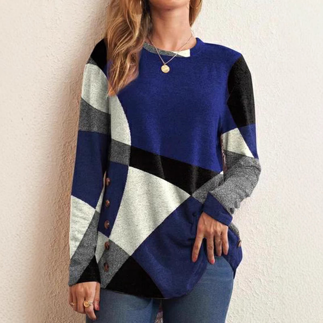 Damen Oversize Langarm Tunika mit geometrischem Farbschema – Avérine