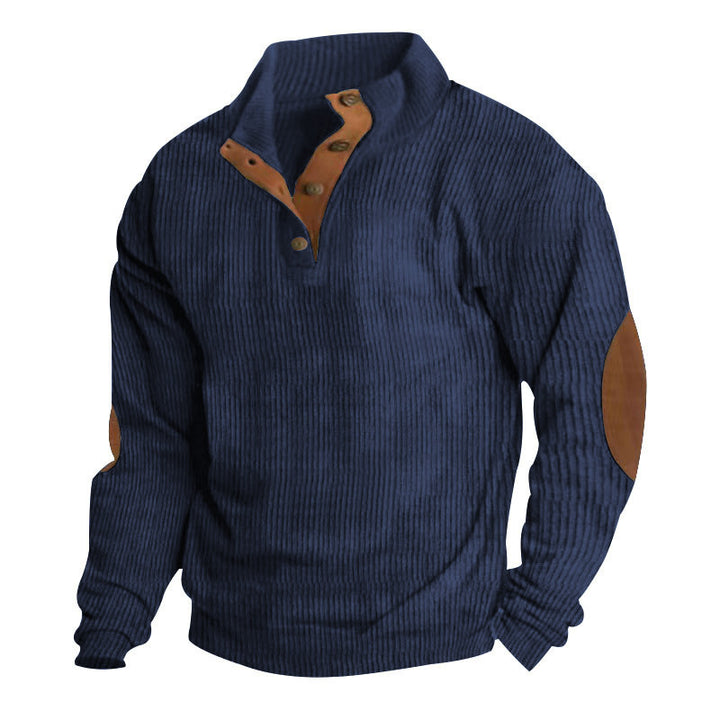 Herren nan rustikaler gerippter Pullover mit Henley-Kragen und lederartigen Ellbogenbesätzen Echo Archiv