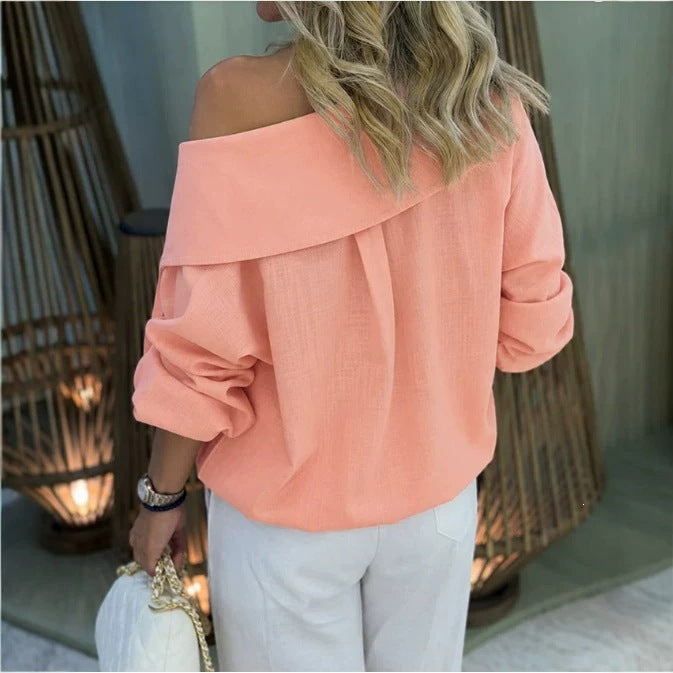 Damen Oversize Off-Shoulder Leinenbluse mit asymmetrischem Kragen und Zierknopfleiste Echo Archiv