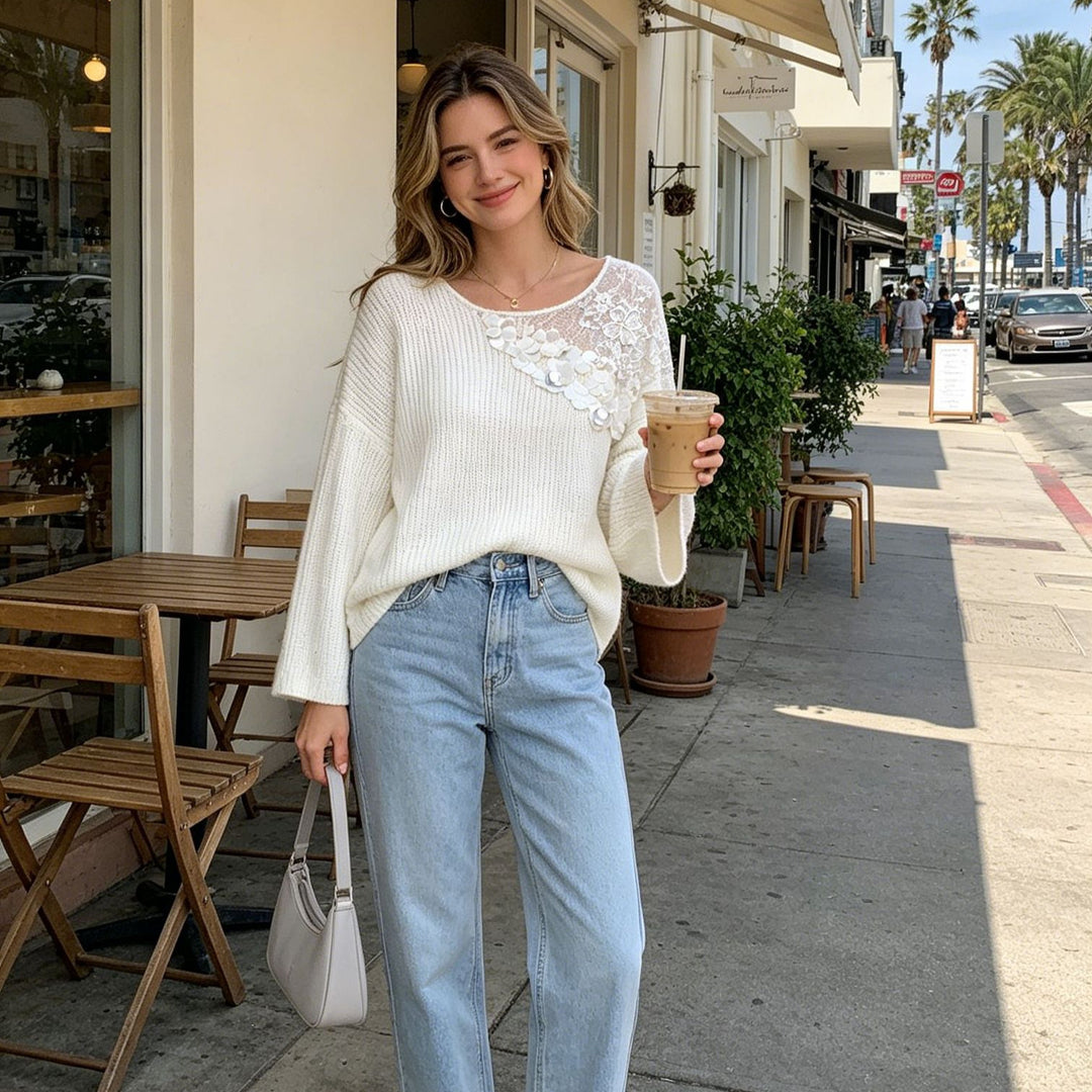 Damen Boxy-Strickpullover mit Pailletten-Applikation und Spitzenbesatz Echoarchiv