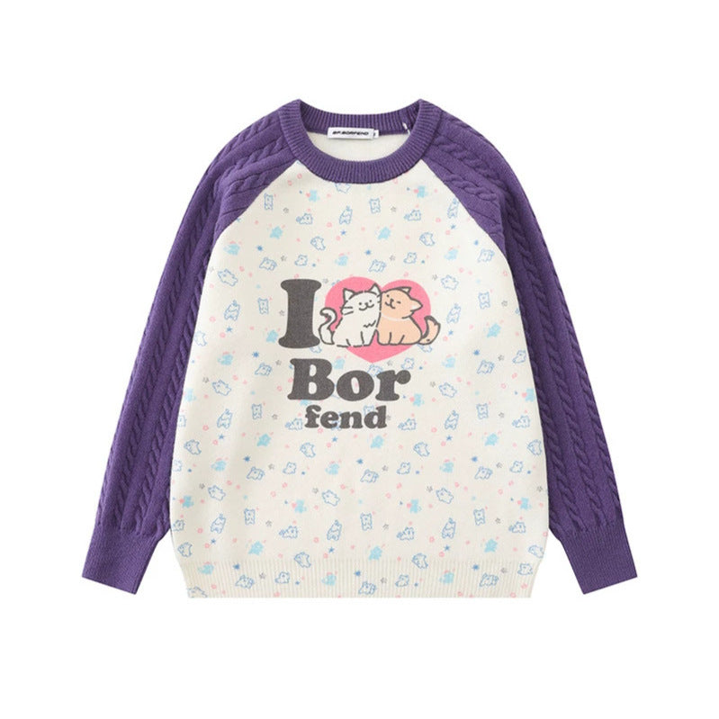 Damen Strickpullover mit Raglanärmeln, Zopfmuster-Ärmeln und Cartoon-Katzenfrontprint Echoarchiv