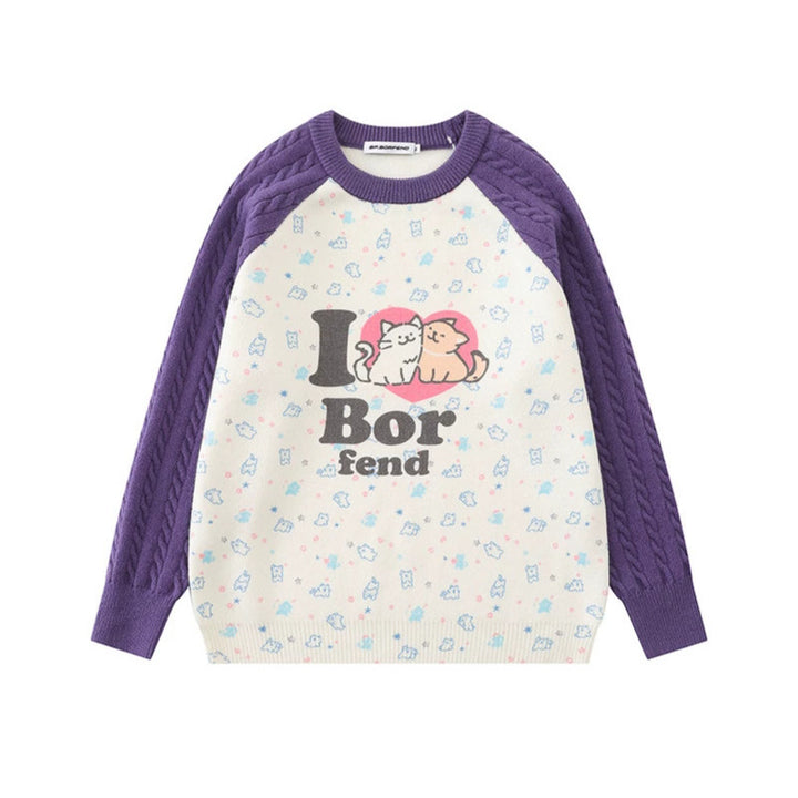 Damen Strickpullover mit Raglanärmeln, Zopfmuster-Ärmeln und Cartoon-Katzenfrontprint Echoarchiv