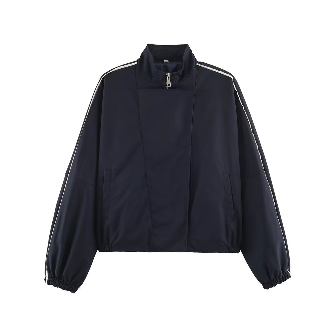 Damen Oversize Bomberjacke im Blouson‑Stil mit hohem Stehkragen, verdecktem Reißverschluss und Kontrastpaspel Echoarchiv