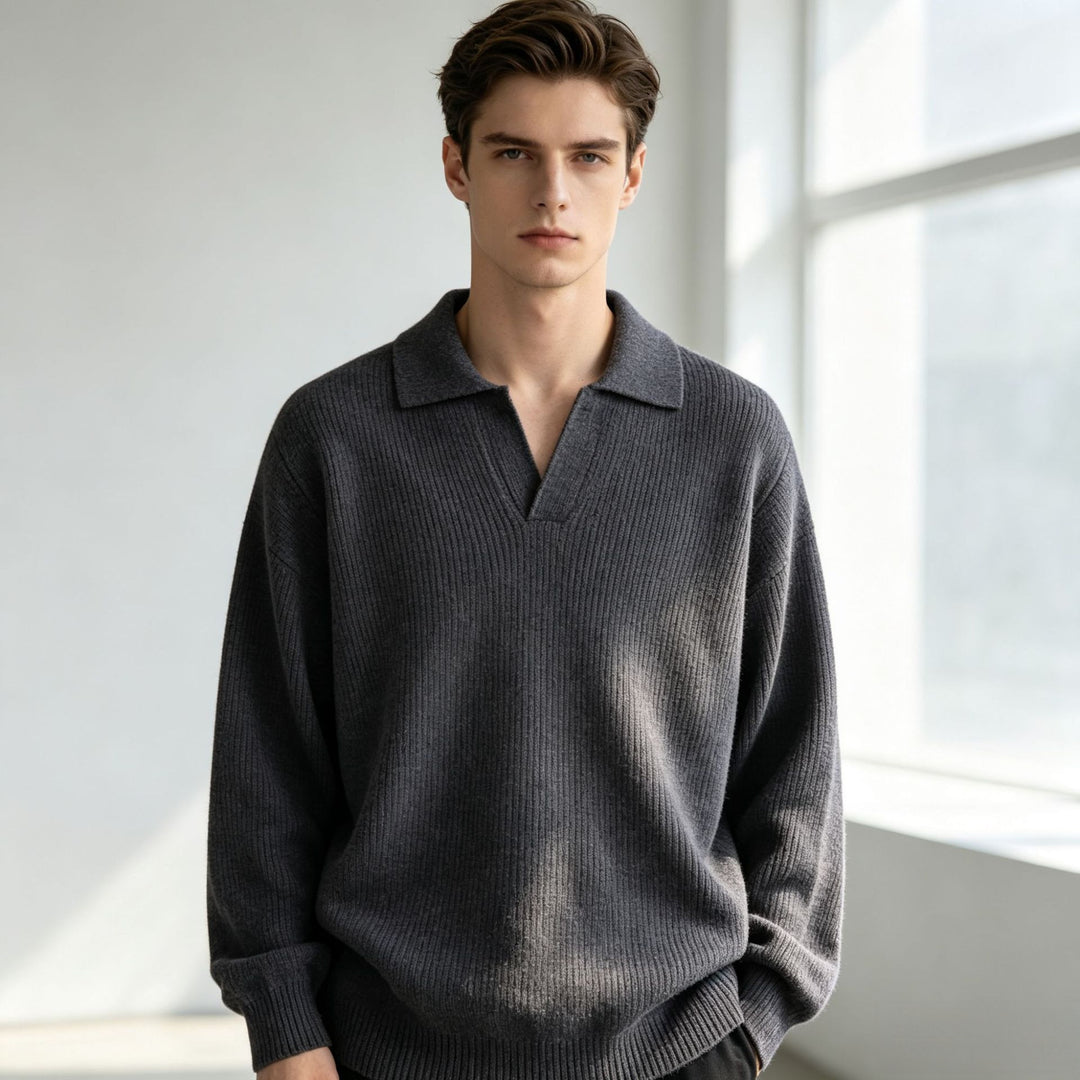 Damen Oversized Polokragen-Feinstrickpullover mit kurzem Schlitz und Zierknopf Echoarchiv
