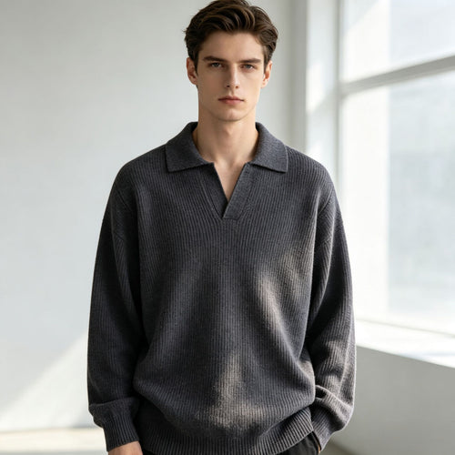 Damen Oversized Polokragen-Feinstrickpullover mit kurzem Schlitz und Zierknopf Echoarchiv