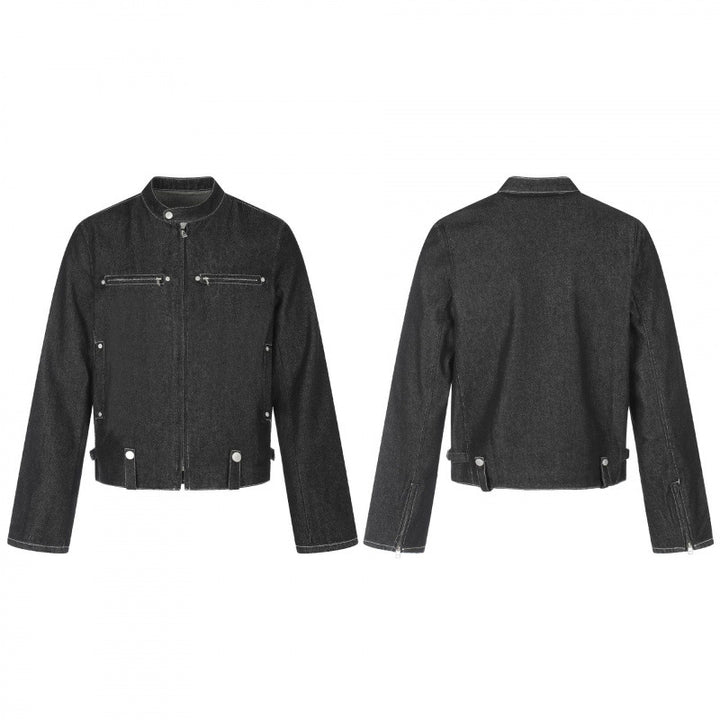 Herren Kurz geschnittene kastige Denimjacke im Worker-Blouson-Stil mit Stehkragen und Metallapplikationen Echo Archiv