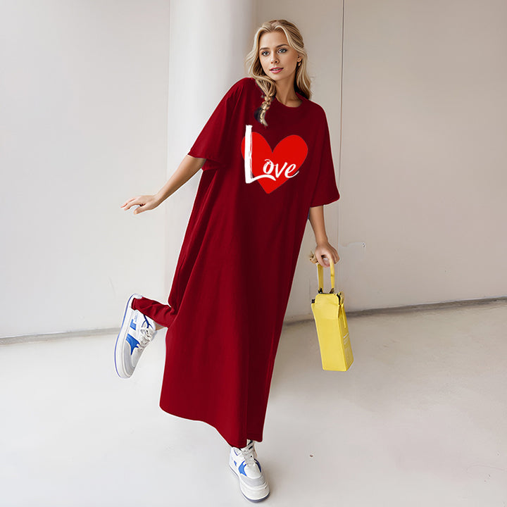 Damen locker geschnittenes Maxikleid mit großem Herzgrafikprint und Rundhalsausschnitt – Valéora