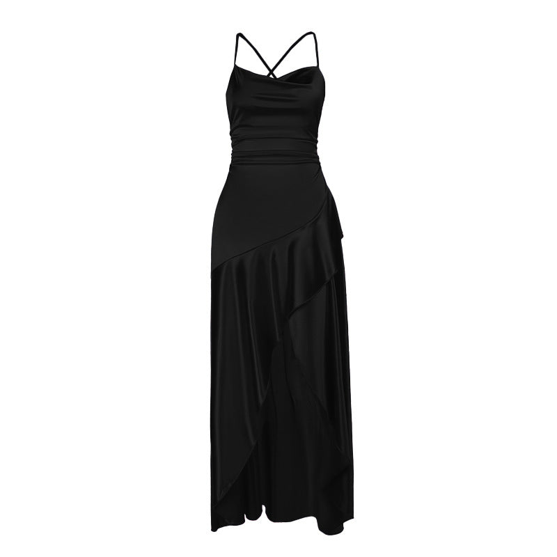 Damen luxuriöses Satin-Maxikleid mit asymmetrischem Schnitt Echo Archiv