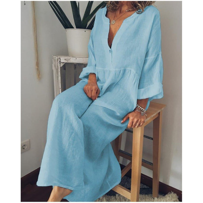 Damen Langes Leinen-Maxikleid mit V-Ausschnitt, geraffter Taille und 3/4-Ärmeln – Valéora