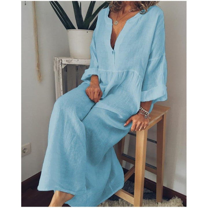 Damen Langes Leinen-Maxikleid mit V-Ausschnitt, geraffter Taille und 3/4-Ärmeln – Valéora