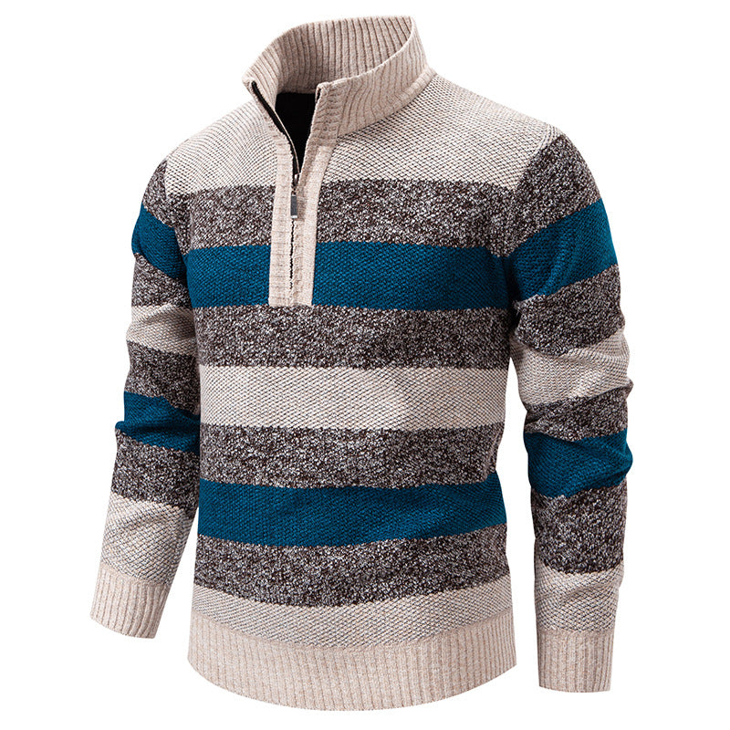 Herren modischer Strickpullover mit halbhohem Kragen und kontrastierenden Streifen Echoarchiv