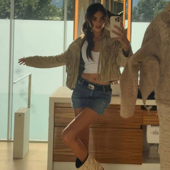 Damen Kurzfransen-Suedejacke im Westernstil mit Ziernähten und Nieten Echoarchiv