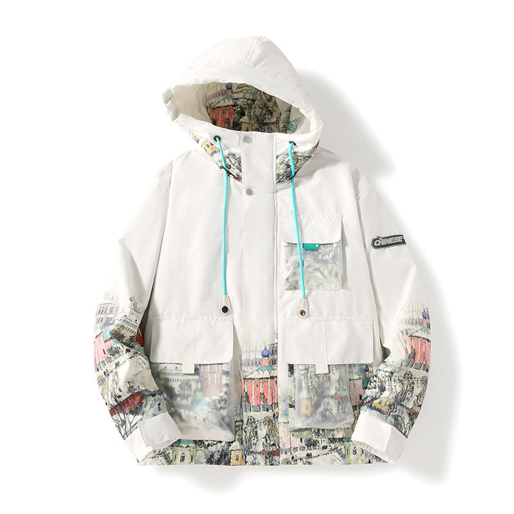 Unisex Kapuzenparka mit städtischem Fotoprint, transparenten Taschen und Kordelzug – Taviero