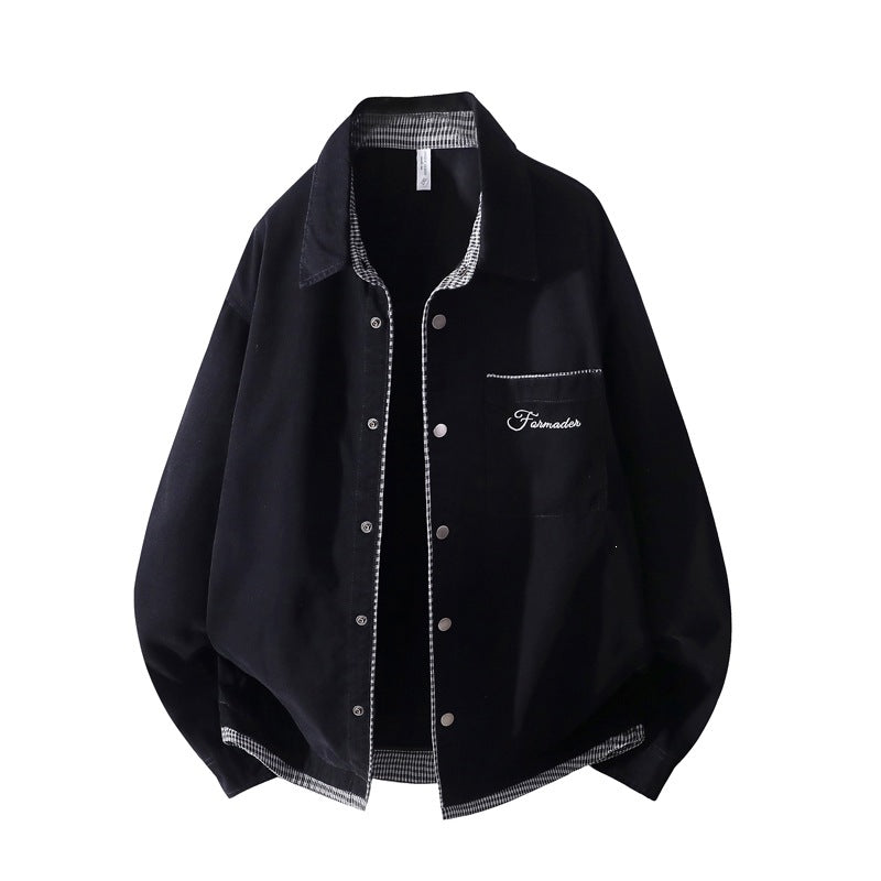 Unisex Oversize-Hemdjacke mit kontrastierter Karo-Innenverarbeitung & Brusttasche Echoarchiv