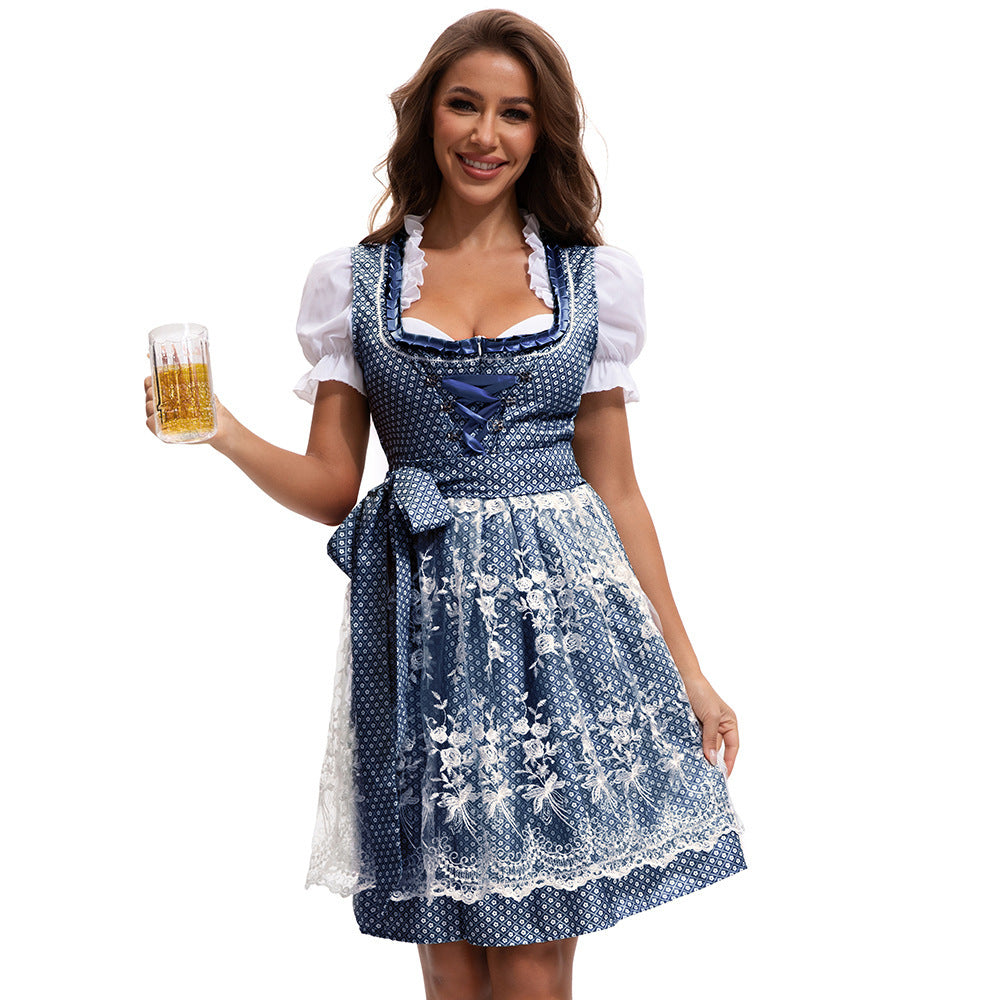 Damen nan traditionelles Dirndlkleid mit geschnürter Miederfront, Rüschenbluse und Spitzenapplikation Echo Archiv