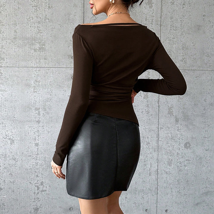 Damen asymmetrisches Langarm-Top mit Wasserfallausschnitt und feinem Schulterband – Avérine