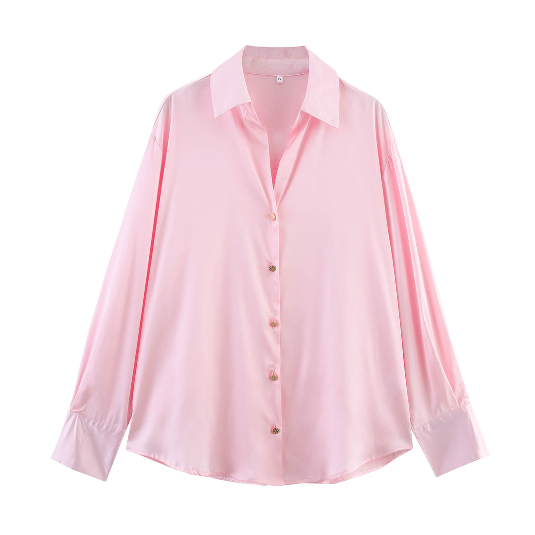 Damen nan oversized Satinbluse mit Hemdkragen, verlängerten Manschetten und abgerundetem Saum Echo Archiv