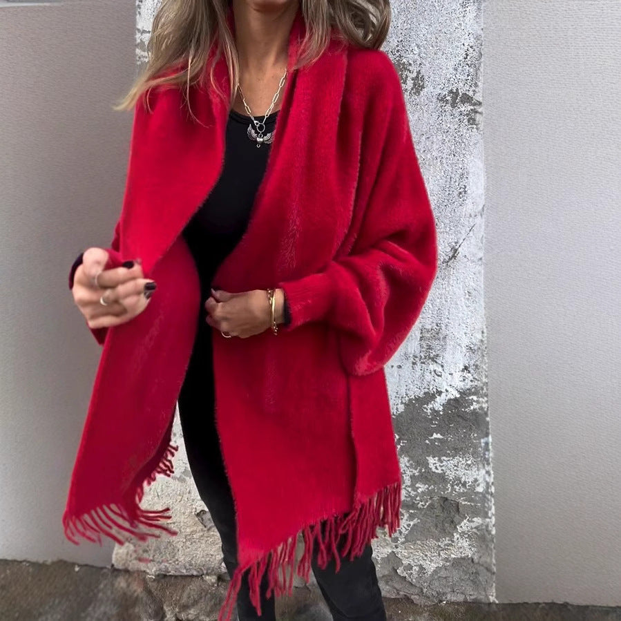 Damen nan langer kuscheliger Fransen-Cardigan mit Schalkragen und Oversize-Passform Echo Archiv