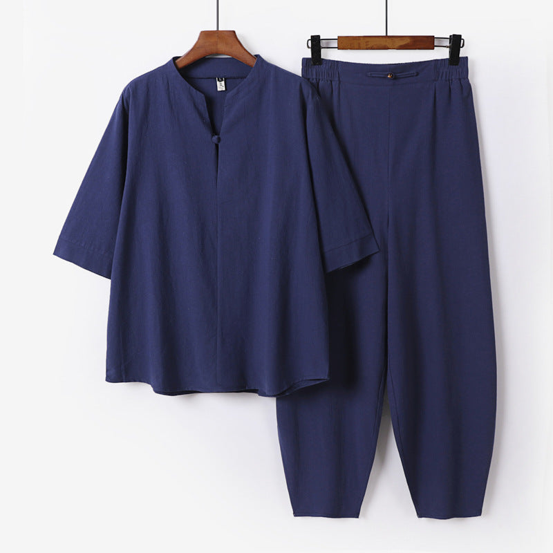 Herren Zweiteiliges Leichtes Leinen-Baumwoll-Set mit Mandarin-Kragen und elastischer Bundhose Echoarchiv