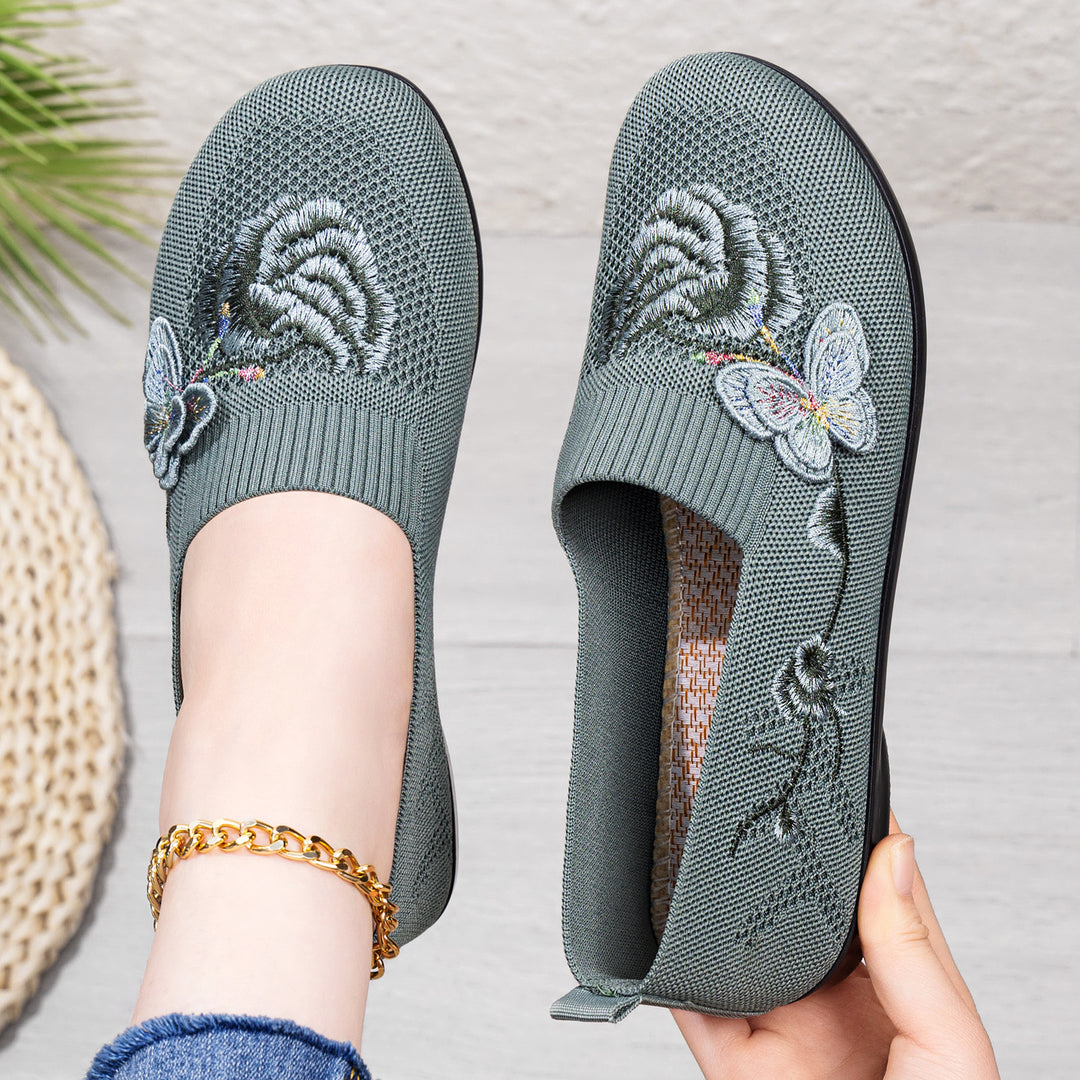 Damen nan bestickter Strick-Slipper mit sockenähnlichem Einstieg, floralem Stickmotiv und gedämpfter Leichtsohle Echo Archiv