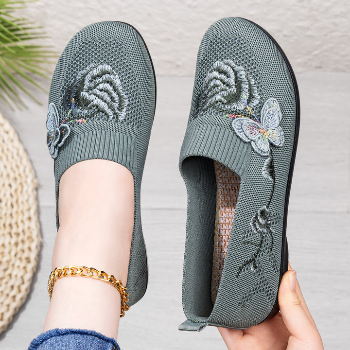 Damen nan bestickter Strick-Slipper mit sockenähnlichem Einstieg, floralem Stickmotiv und gedämpfter Leichtsohle Echo Archiv